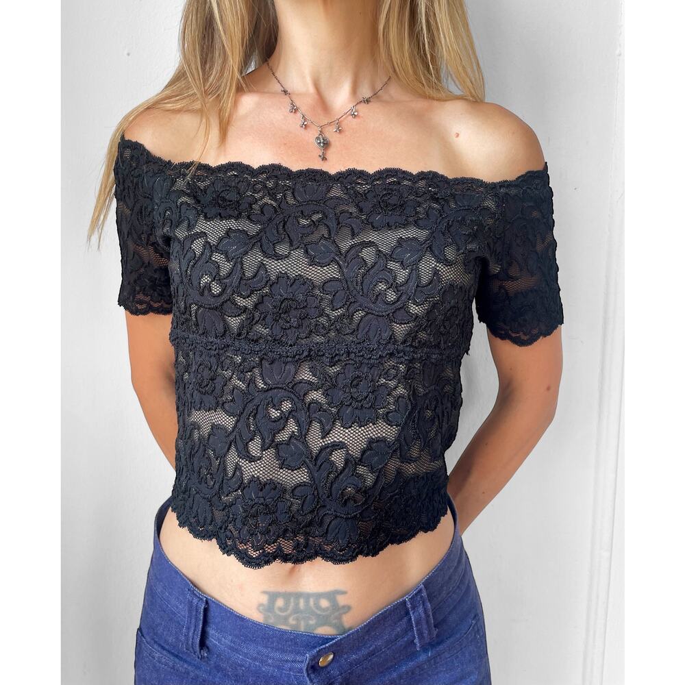 VTG Hanky Panky Off-The-Shoulder Stretch Lace Crop Top 90s Y2K sz M Black Floral